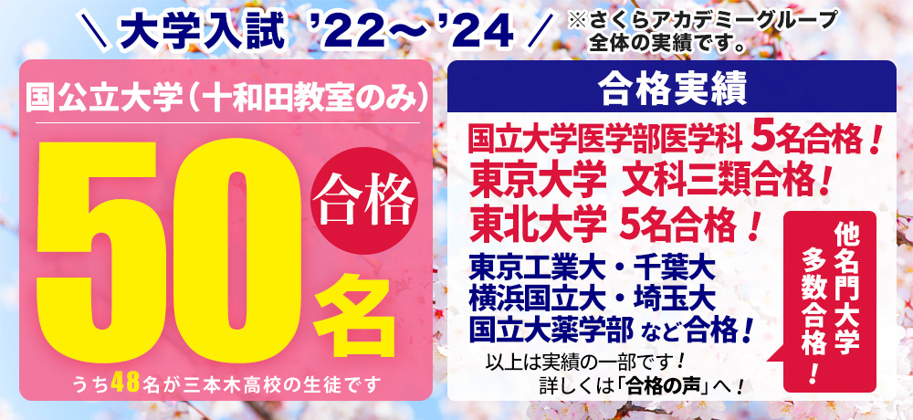過去3年間実績 国公立大学 50名合格※さくらアカデミーグループ全体の実績です